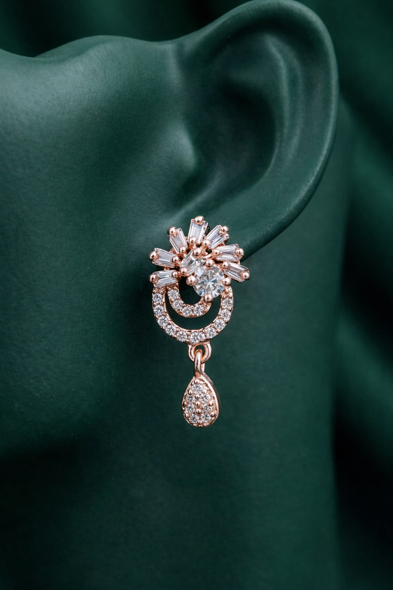 The Radiant Bloom: Rose Gold American Diamond Drop Earrings