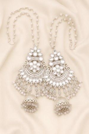Zelra Mesmerizing White Kundan Pearl Bridal Earrings with Enchanting Jhumka Drops