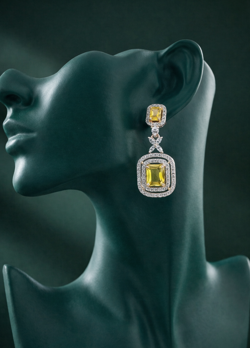 Zelra Rose Gold AD Canary Yellow Double Halo Drop Earrings (P-4)