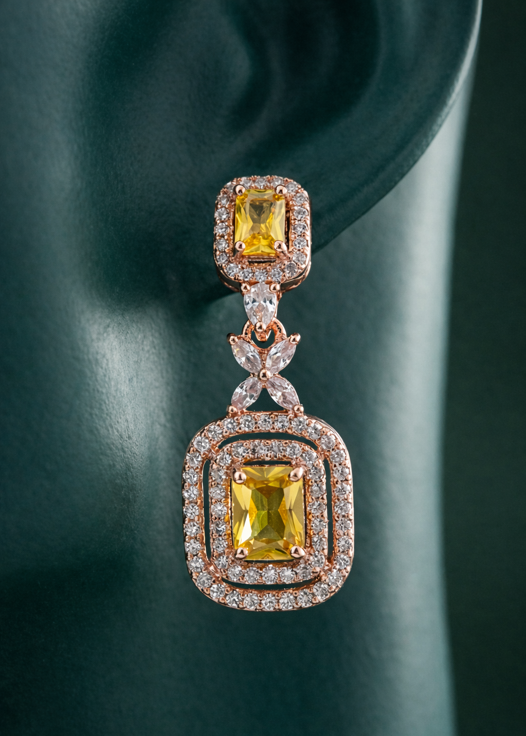 Zelra Rose Gold AD Canary Yellow Double Halo Drop Earrings (P-4)