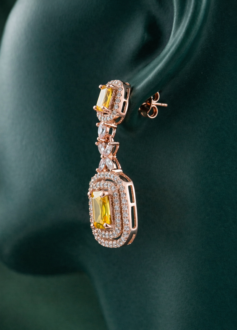 Zelra Rose Gold AD Canary Yellow Double Halo Drop Earrings (P-4)