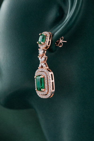 Zelra Rose Gold AD Emerald Green Double Halo Drop Earrings (P-3)