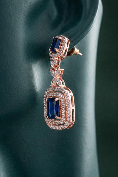 Zelra Rose Gold AD Sapphire Blue Double Halo Drop Earrings (P-2)