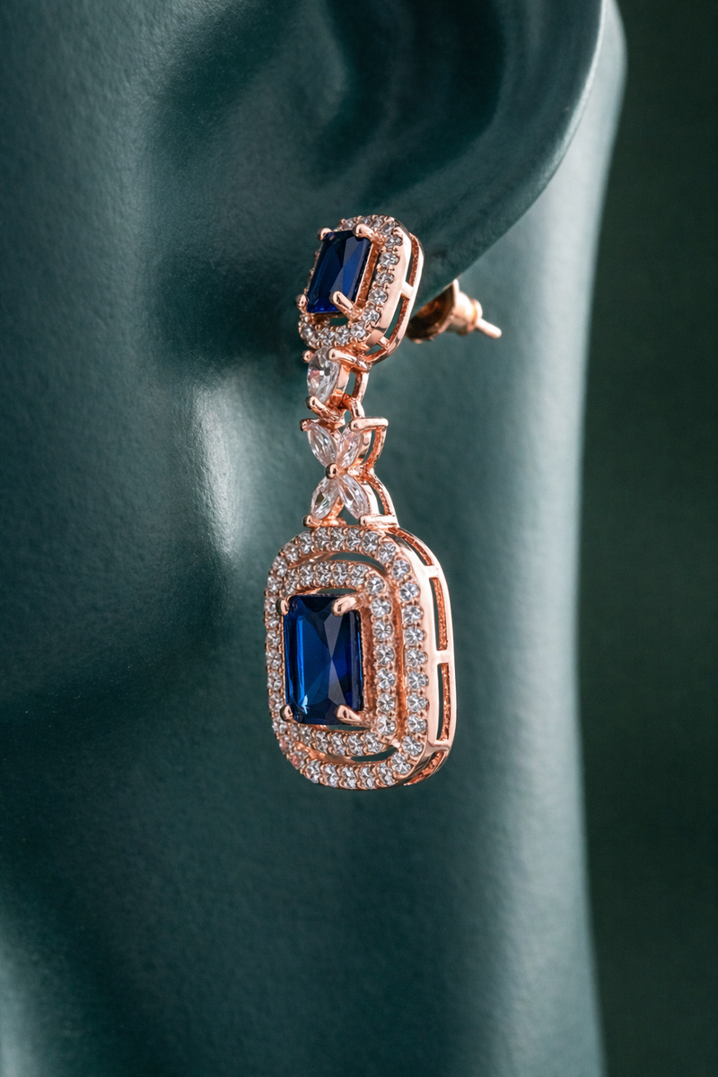 Zelra Rose Gold AD Sapphire Blue Double Halo Drop Earrings (P-2)