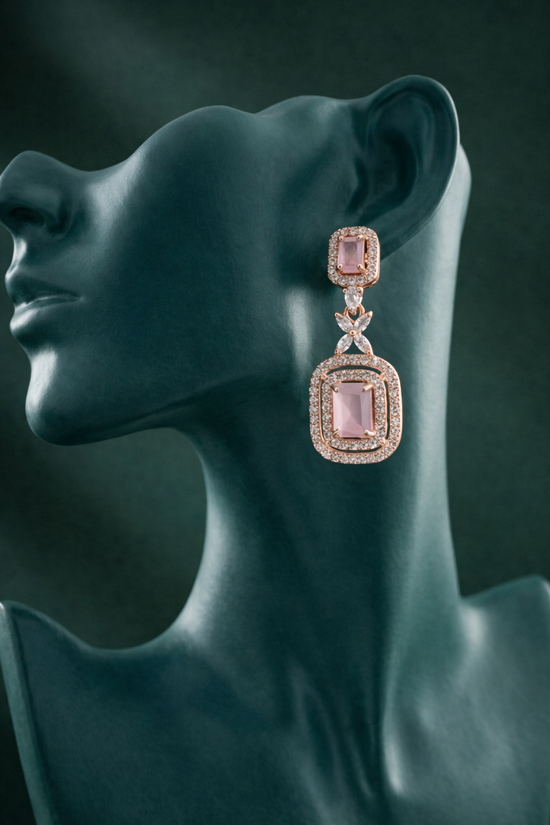 Zelra Rose Gold AD Blush Pink Double Halo Drop Earrings (P-6)