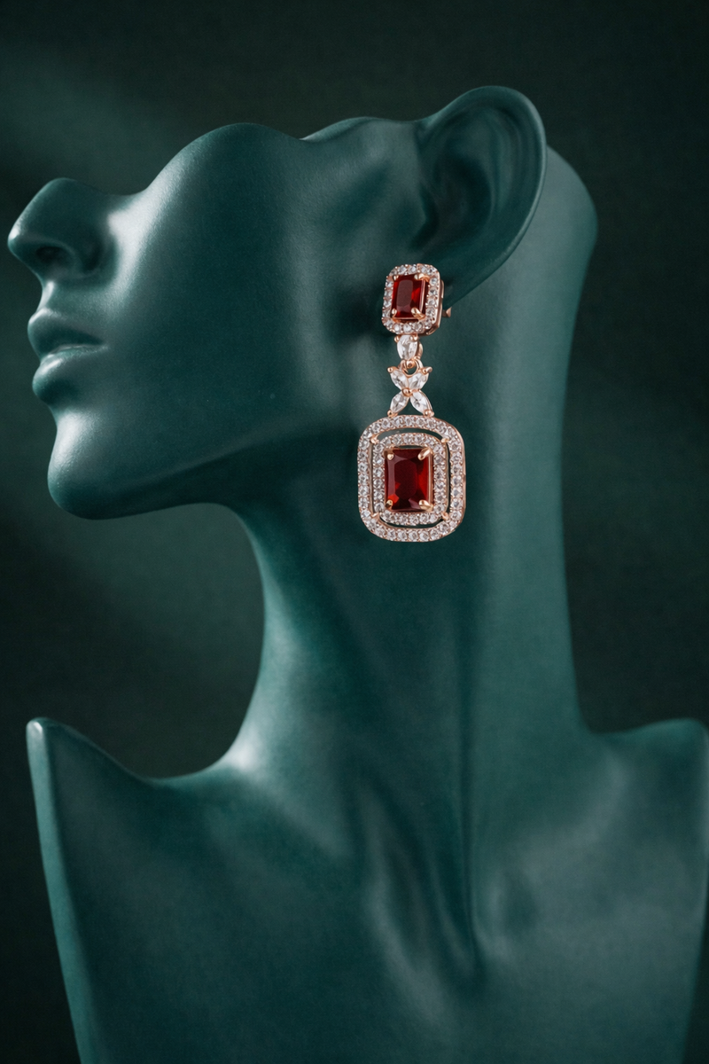 Zelra Rose Gold AD Ruby Red Double Halo Drop Earrings (P-5)