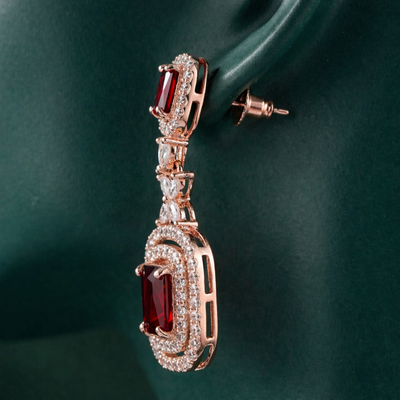 Zelra Rose Gold AD Ruby Red Double Halo Drop Earrings (P-5)