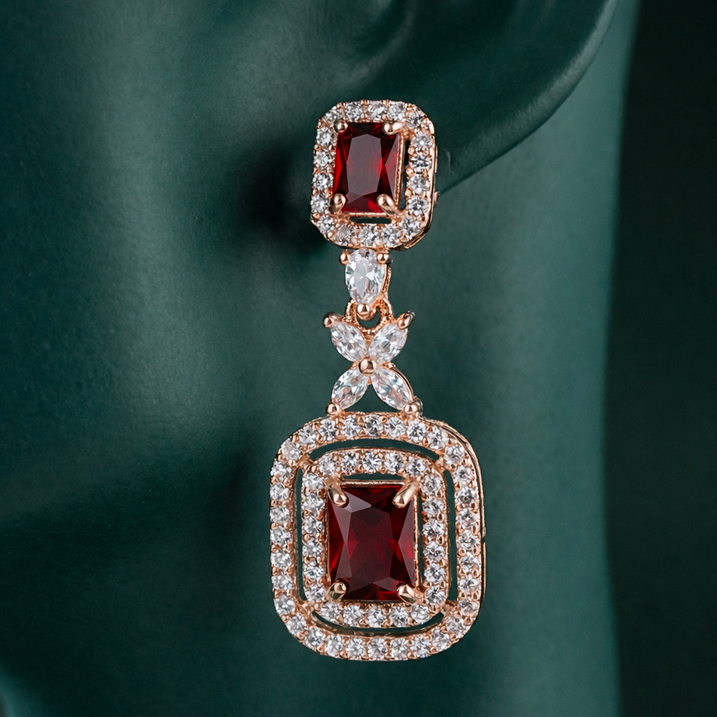 Zelra Rose Gold AD Ruby Red Double Halo Drop Earrings (P-5)