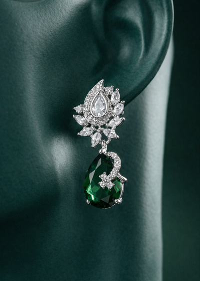 Zelra Rhodium Plated AD Emerald Green Teardrop Earrings