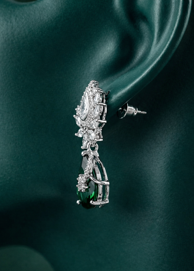 Zelra Rhodium Plated AD Emerald Green Teardrop Earrings