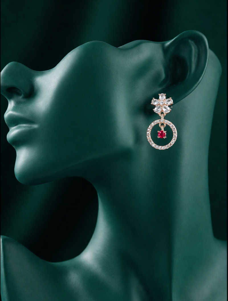 Radiant Rose Gold-Plated Halo Drop Earrings | Red Stone by Zelra Jewellery ✨
