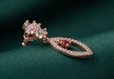 Elegant Rose Gold-Plated Marquise Drop Earrings | Red Stone by Zelra Jewellery ✨