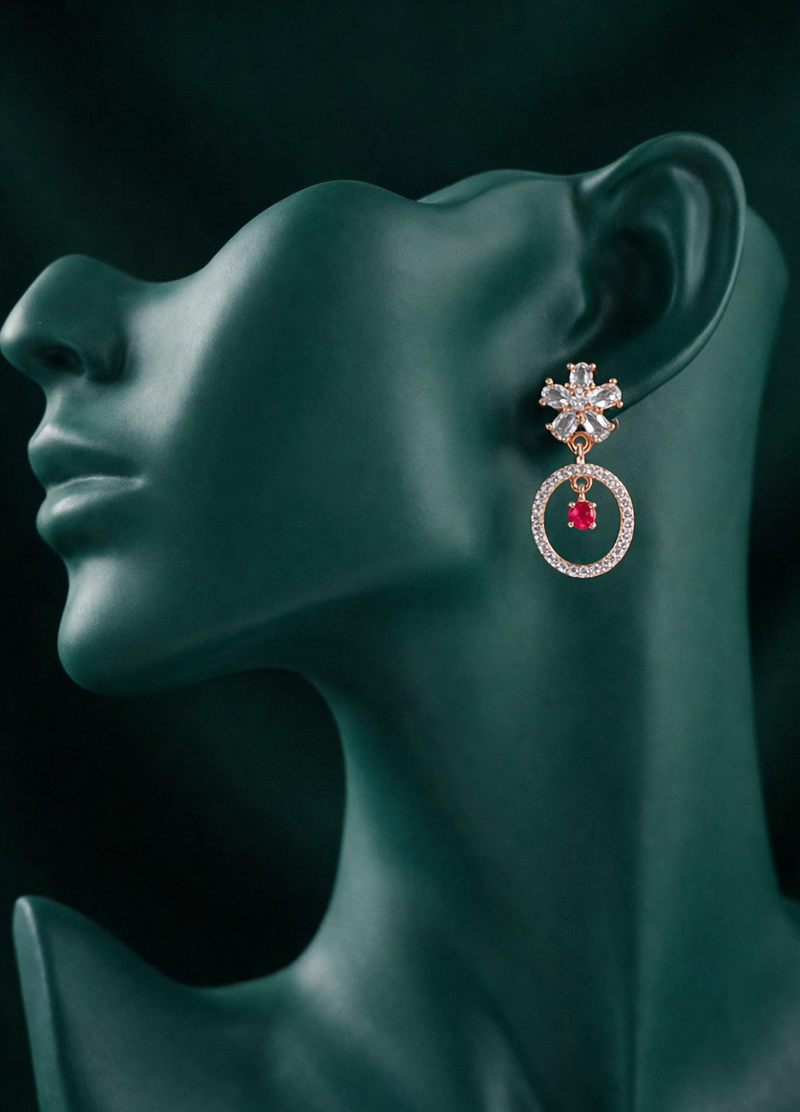 Elegant Rose Gold-Plated Oval Drop Earrings | Red Stone by Zelra Jewellery ✨