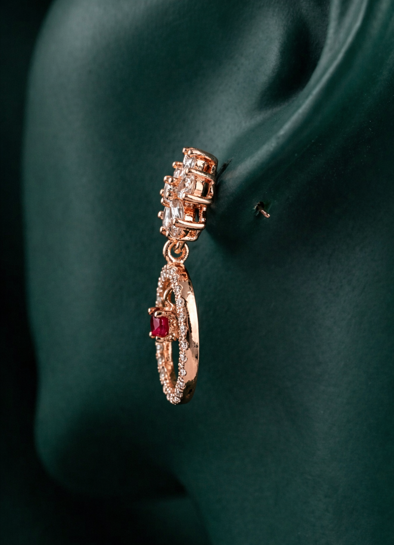 Elegant Rose Gold-Plated Oval Drop Earrings | Red Stone by Zelra Jewellery ✨