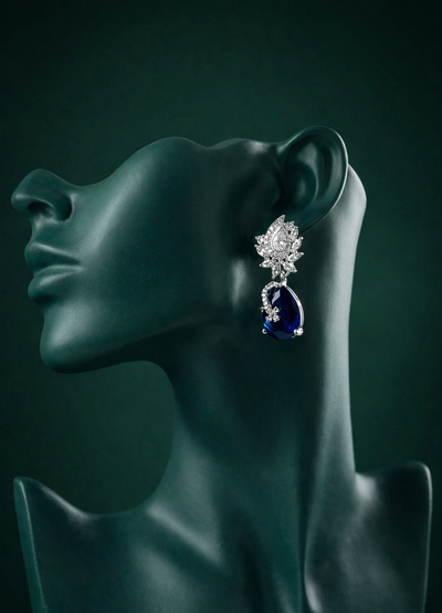 Zelra Rhodium Plated AD Sapphire Blue Teardrop Earrings
