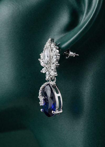 Zelra Rhodium Plated AD Sapphire Blue Teardrop Earrings