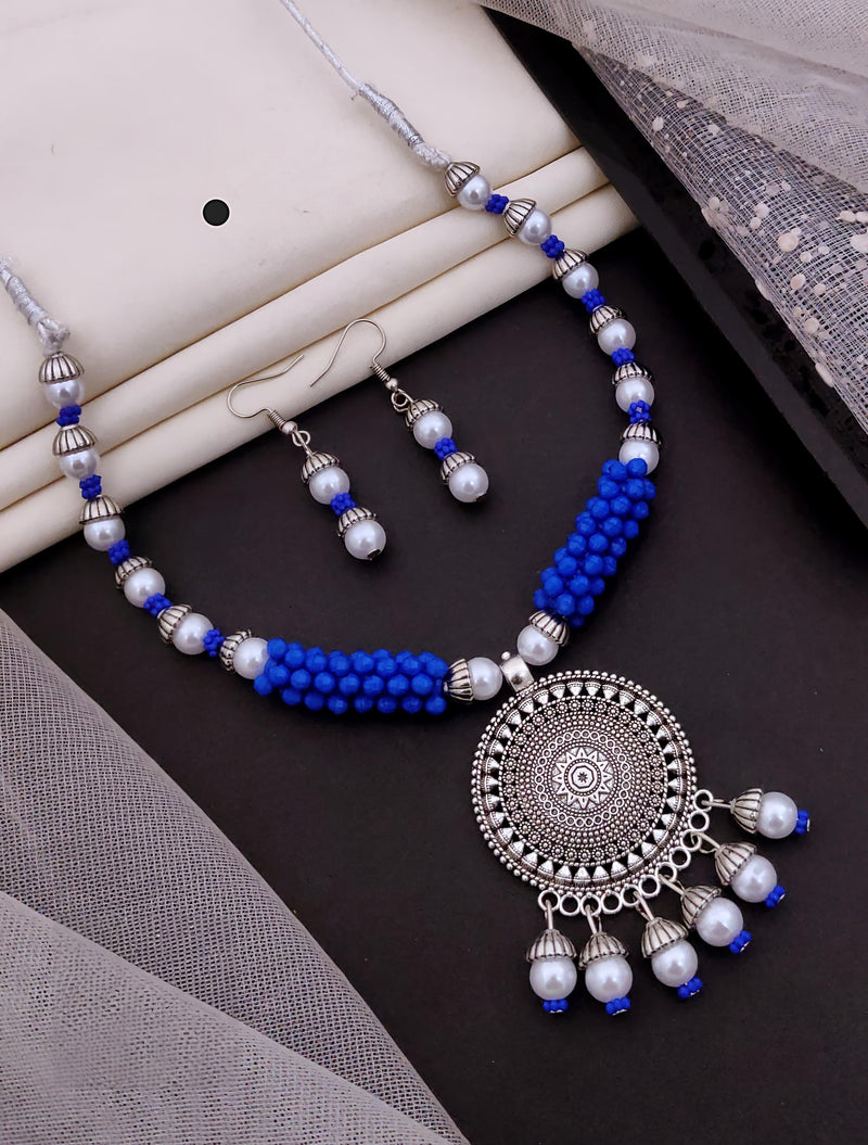Pink Beaded Oxidised Necklace Set with Earrings