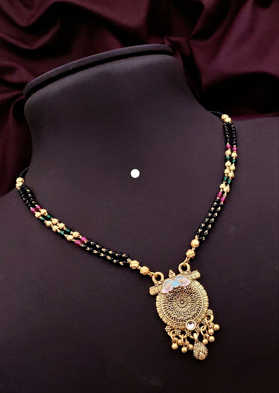 Antique Gold-Plated Mangalsutra Circular Pendant with Intricate Motif