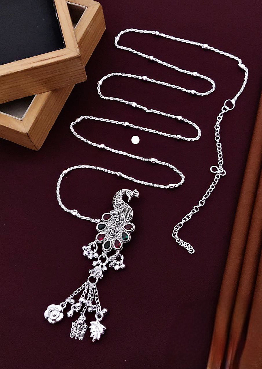 Antique Silver-Plated Peacock Design Kamar Belt with Dangling Charms