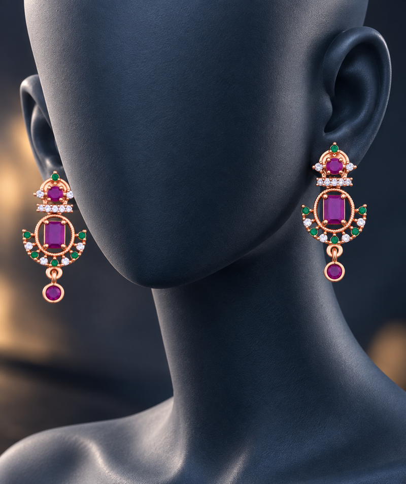 Royal Emerald & Ruby Drop Earrings | Rose Gold Finish Statement Earrings