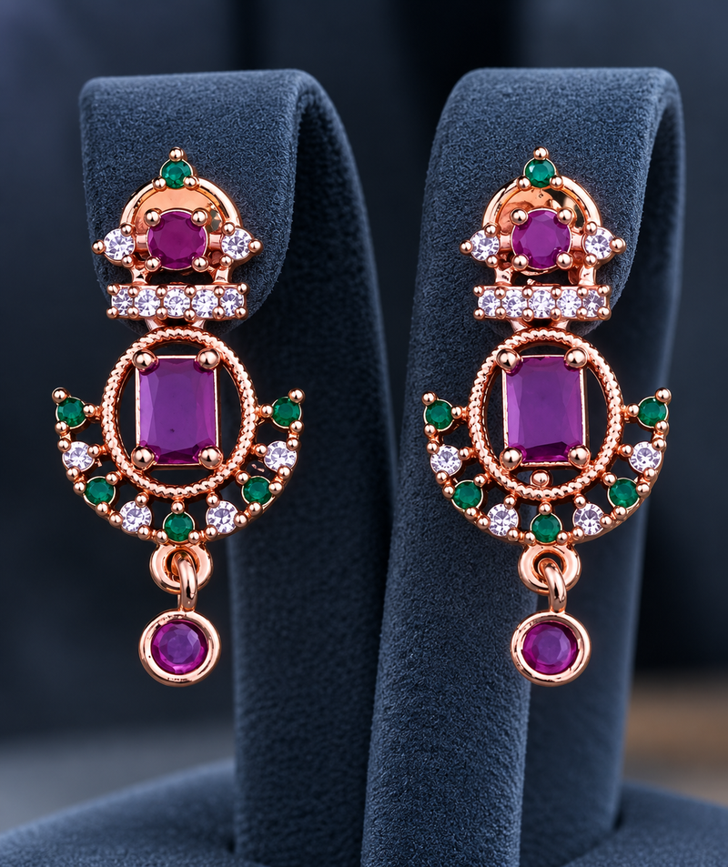 Royal Emerald & Ruby Drop Earrings | Rose Gold Finish Statement Earrings