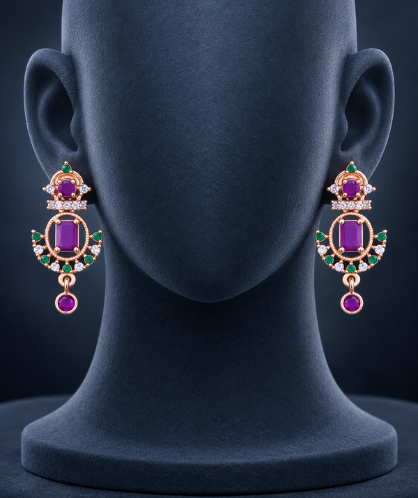 Royal Emerald & Ruby Drop Earrings | Rose Gold Finish Statement Earrings
