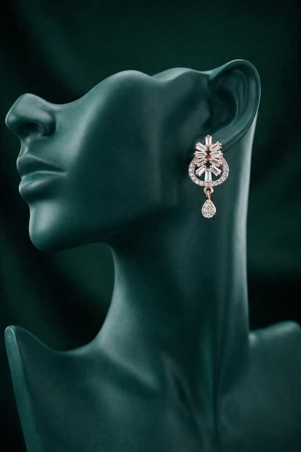 Premium Rose Gold AD Geometric Drop Earrings