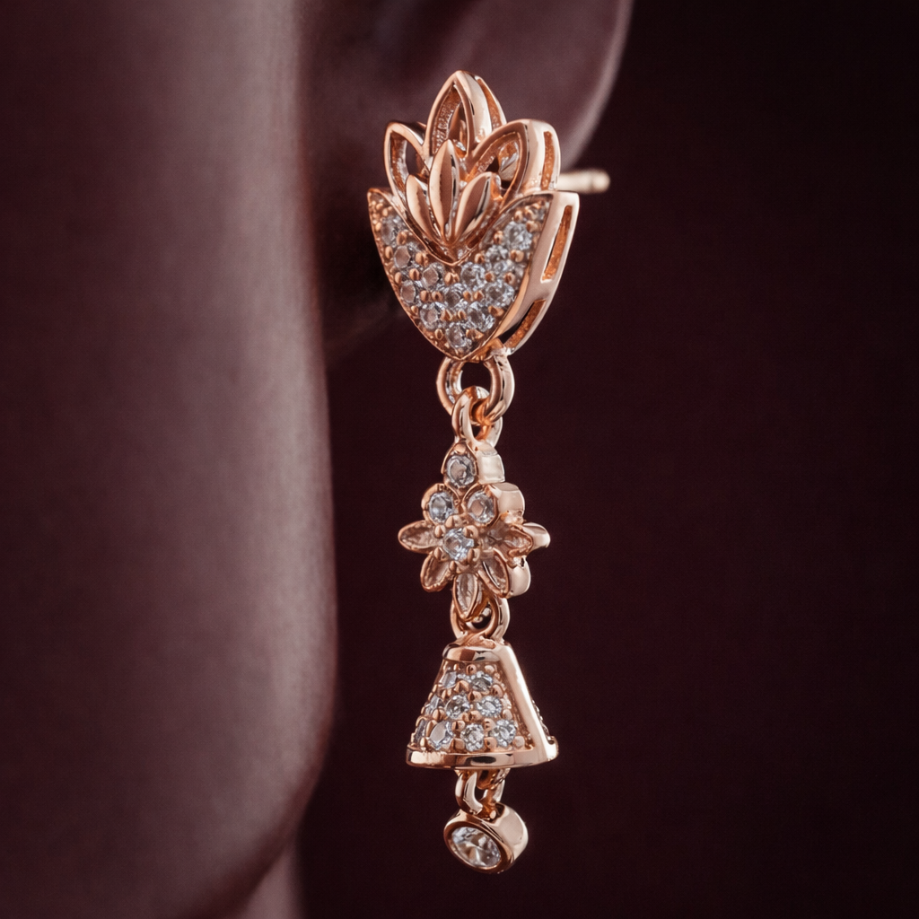 Zelra Rose Gold AD Geometric Fan & Bell Drop Earrings (AE-1)