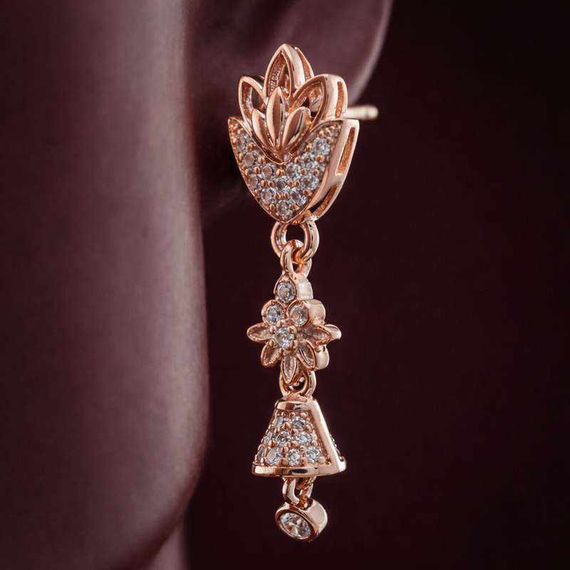 Zelra Rose Gold AD Geometric Fan & Bell Drop Earrings (AE-1)